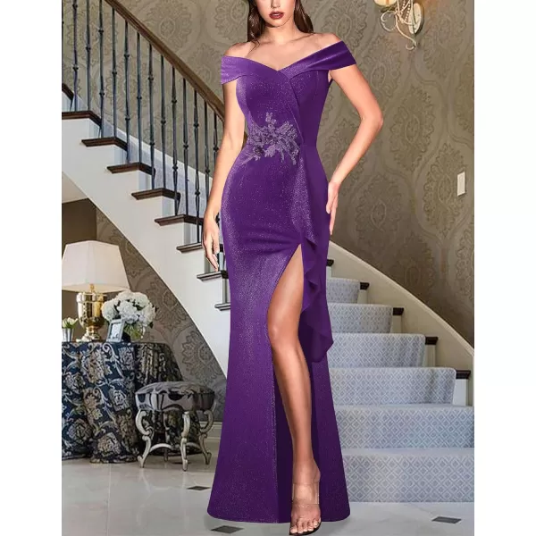 VFSHOW Womens Sexy Elegant Formal Prom Off Shoulder Ruffle High Slit Maxi Dress 2023 3D Flower Applique Cocktail Evening Gown3sparkly Purple