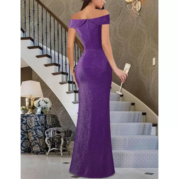 VFSHOW Womens Sexy Elegant Formal Prom Off Shoulder Ruffle High Slit Maxi Dress 2023 3D Flower Applique Cocktail Evening Gown3sparkly Purple