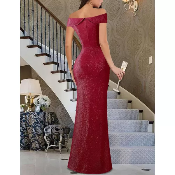 VFSHOW Womens Sexy Elegant Formal Prom Off Shoulder Ruffle High Slit Maxi Dress 2023 3D Flower Applique Cocktail Evening Gown3sparkly Red