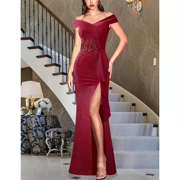 VFSHOW Womens Sexy Elegant Formal Prom Off Shoulder Ruffle High Slit Maxi Dress 2023 3D Flower Applique Cocktail Evening Gown3sparkly Red