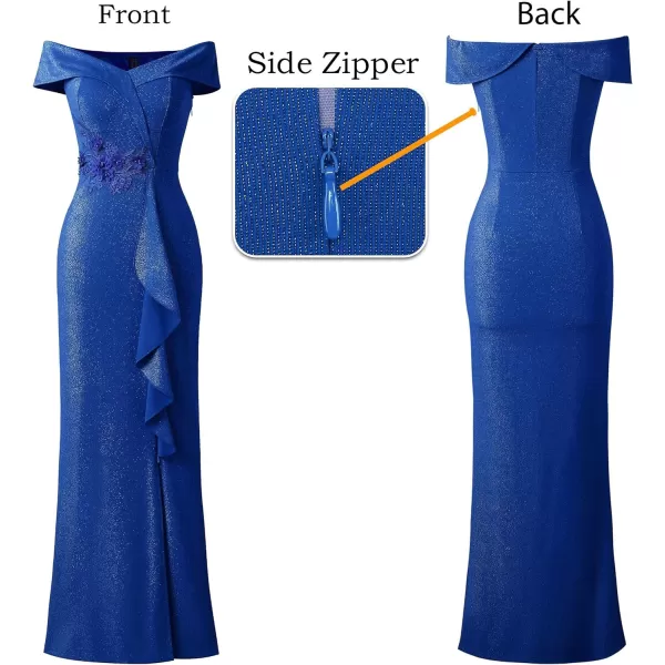 VFSHOW Womens Sexy Elegant Formal Prom Off Shoulder Ruffle High Slit Maxi Dress 2023 3D Flower Applique Cocktail Evening Gown3sparkly Royal Blue