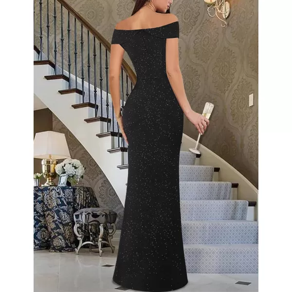 VFSHOW Womens Sexy Elegant Formal Prom Off Shoulder Ruffle High Slit Maxi Dress 2023 3D Flower Applique Cocktail Evening GownBlack