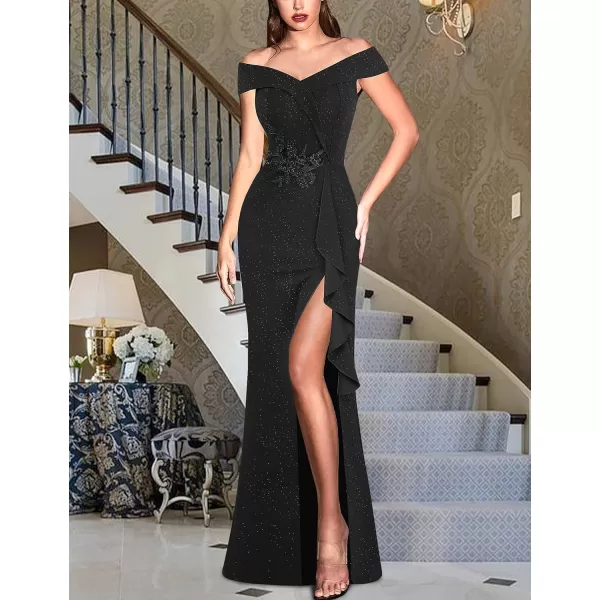 VFSHOW Womens Sexy Elegant Formal Prom Off Shoulder Ruffle High Slit Maxi Dress 2023 3D Flower Applique Cocktail Evening GownBlack