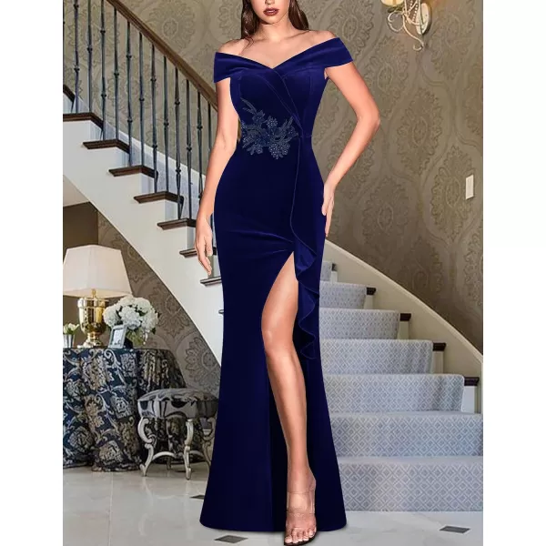 VFSHOW Womens Sexy Elegant Formal Prom Off Shoulder Ruffle High Slit Maxi Dress 2023 3D Flower Applique Cocktail Evening GownBlue Velvet