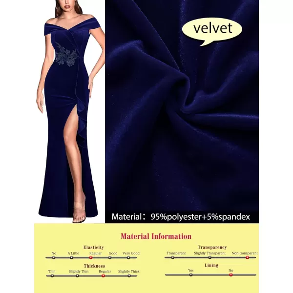 VFSHOW Womens Sexy Elegant Formal Prom Off Shoulder Ruffle High Slit Maxi Dress 2023 3D Flower Applique Cocktail Evening GownBlue Velvet