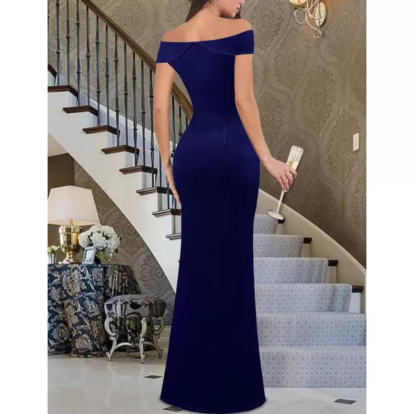 VFSHOW Womens Sexy Elegant Formal Prom Off Shoulder Ruffle High Slit Maxi Dress 2023 3D Flower Applique Cocktail Evening GownBlue Velvet