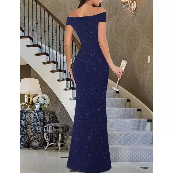 VFSHOW Womens Sexy Elegant Formal Prom Off Shoulder Ruffle High Slit Maxi Dress 2023 3D Flower Applique Cocktail Evening GownDark Blue