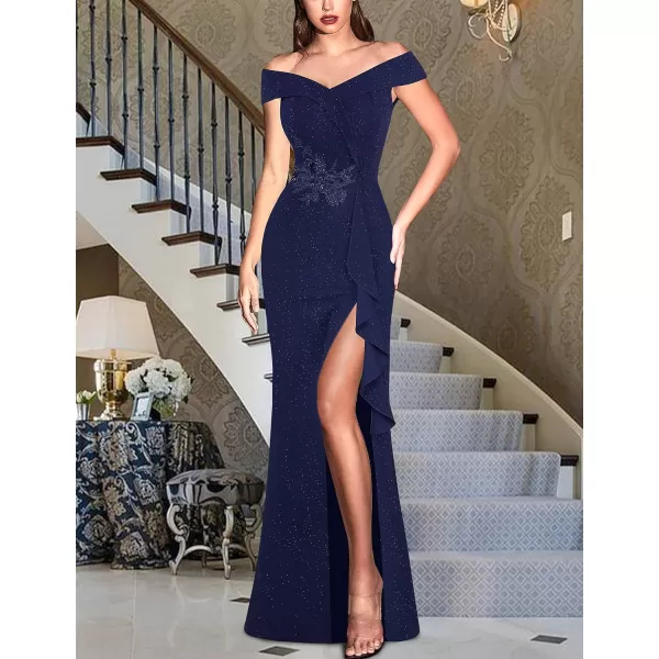 VFSHOW Womens Sexy Elegant Formal Prom Off Shoulder Ruffle High Slit Maxi Dress 2023 3D Flower Applique Cocktail Evening GownDark Blue