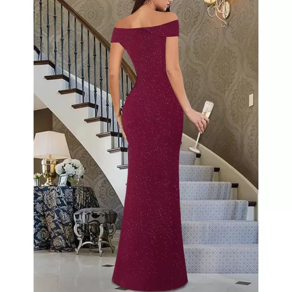 VFSHOW Womens Sexy Elegant Formal Prom Off Shoulder Ruffle High Slit Maxi Dress 2023 3D Flower Applique Cocktail Evening GownDark Red