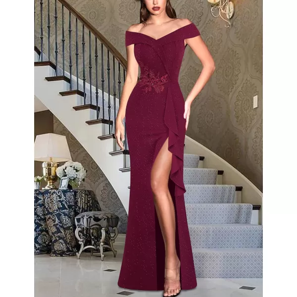 VFSHOW Womens Sexy Elegant Formal Prom Off Shoulder Ruffle High Slit Maxi Dress 2023 3D Flower Applique Cocktail Evening GownDark Red