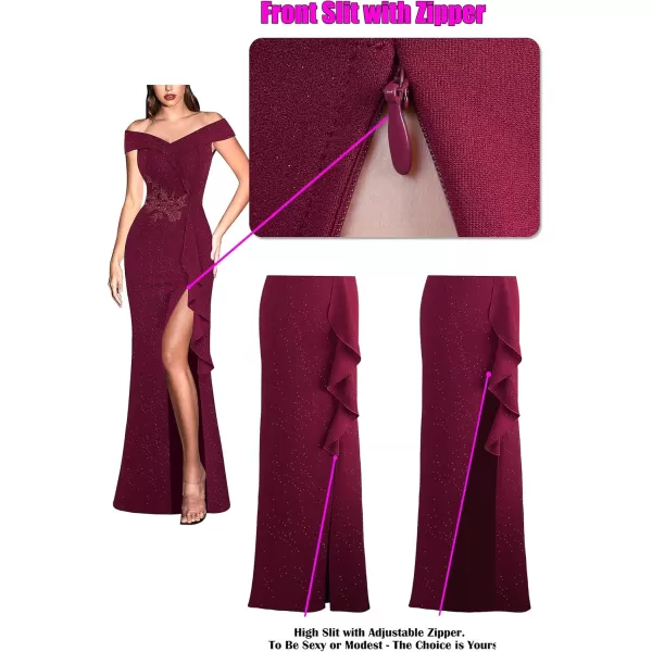 VFSHOW Womens Sexy Elegant Formal Prom Off Shoulder Ruffle High Slit Maxi Dress 2023 3D Flower Applique Cocktail Evening GownDark Red