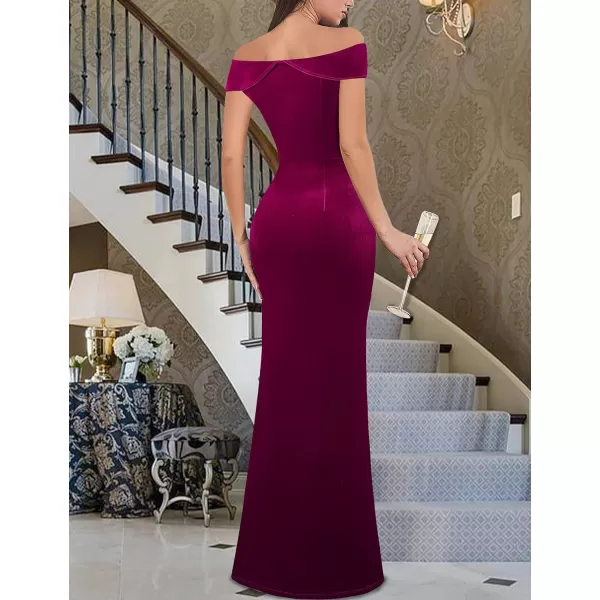 VFSHOW Womens Sexy Elegant Formal Prom Off Shoulder Ruffle High Slit Maxi Dress 2023 3D Flower Applique Cocktail Evening GownFuchsia Velvet