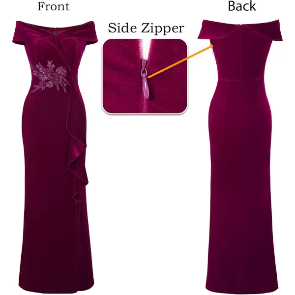 VFSHOW Womens Sexy Elegant Formal Prom Off Shoulder Ruffle High Slit Maxi Dress 2023 3D Flower Applique Cocktail Evening GownFuchsia Velvet