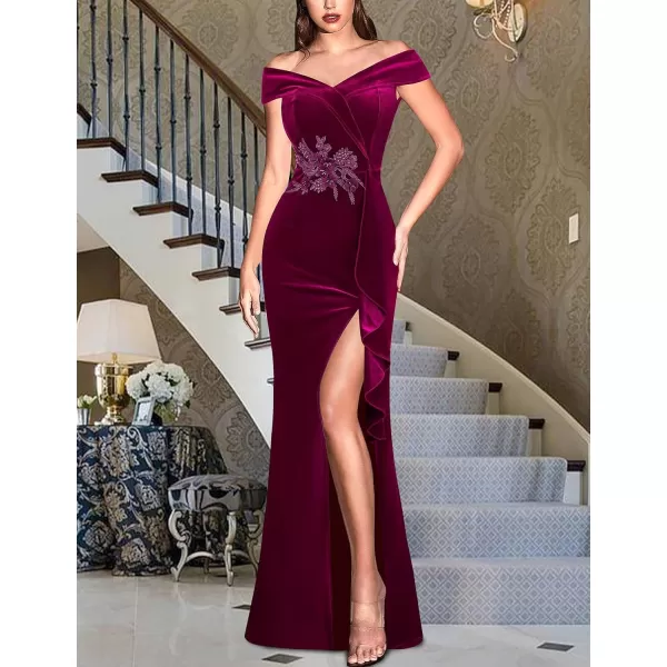 VFSHOW Womens Sexy Elegant Formal Prom Off Shoulder Ruffle High Slit Maxi Dress 2023 3D Flower Applique Cocktail Evening GownFuchsia Velvet