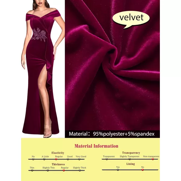 VFSHOW Womens Sexy Elegant Formal Prom Off Shoulder Ruffle High Slit Maxi Dress 2023 3D Flower Applique Cocktail Evening GownFuchsia Velvet