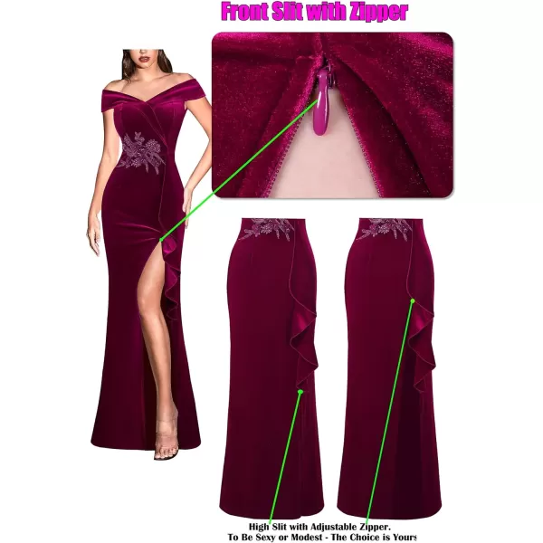 VFSHOW Womens Sexy Elegant Formal Prom Off Shoulder Ruffle High Slit Maxi Dress 2023 3D Flower Applique Cocktail Evening GownFuchsia Velvet