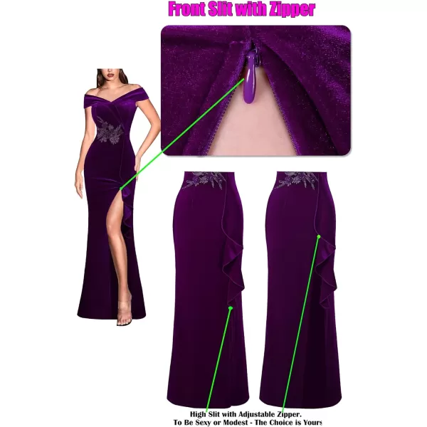 VFSHOW Womens Sexy Elegant Formal Prom Off Shoulder Ruffle High Slit Maxi Dress 2023 3D Flower Applique Cocktail Evening GownPurple Velvet