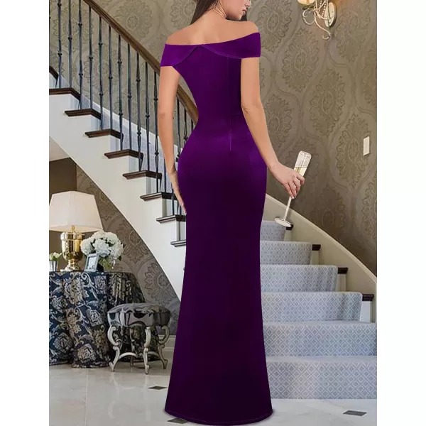 VFSHOW Womens Sexy Elegant Formal Prom Off Shoulder Ruffle High Slit Maxi Dress 2023 3D Flower Applique Cocktail Evening GownPurple Velvet