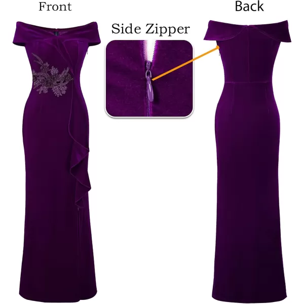 VFSHOW Womens Sexy Elegant Formal Prom Off Shoulder Ruffle High Slit Maxi Dress 2023 3D Flower Applique Cocktail Evening GownPurple Velvet