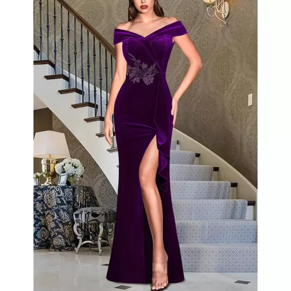 VFSHOW Womens Sexy Elegant Formal Prom Off Shoulder Ruffle High Slit Maxi Dress 2023 3D Flower Applique Cocktail Evening GownPurple Velvet