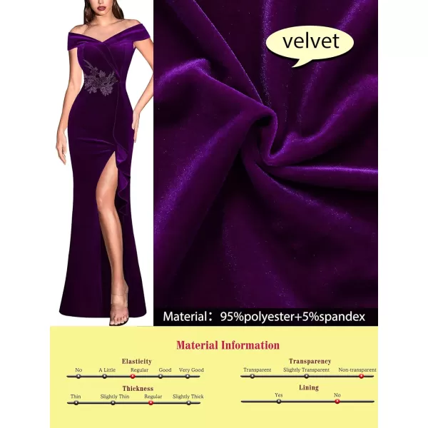 VFSHOW Womens Sexy Elegant Formal Prom Off Shoulder Ruffle High Slit Maxi Dress 2023 3D Flower Applique Cocktail Evening GownPurple Velvet