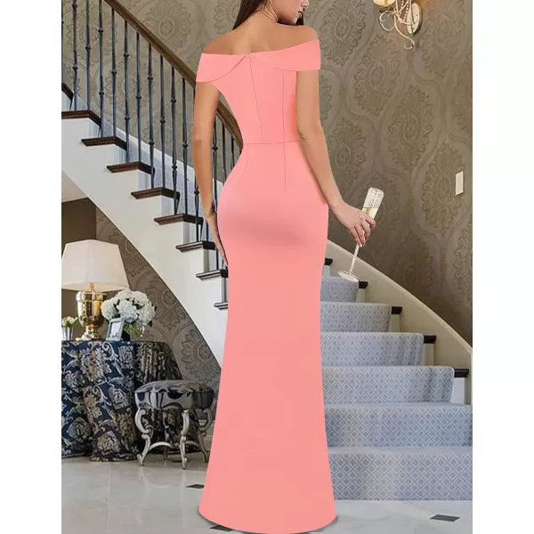 VFSHOW Womens Sexy Elegant Formal Prom Off Shoulder Ruffle High Slit Maxi Dress 2023 3D Flower Applique Cocktail Evening GownSalmon Pink