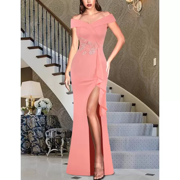 VFSHOW Womens Sexy Elegant Formal Prom Off Shoulder Ruffle High Slit Maxi Dress 2023 3D Flower Applique Cocktail Evening GownSalmon Pink