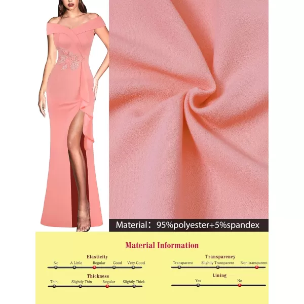 VFSHOW Womens Sexy Elegant Formal Prom Off Shoulder Ruffle High Slit Maxi Dress 2023 3D Flower Applique Cocktail Evening GownSalmon Pink