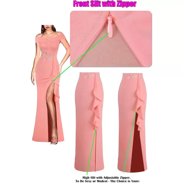 VFSHOW Womens Sexy Elegant Formal Prom Off Shoulder Ruffle High Slit Maxi Dress 2023 3D Flower Applique Cocktail Evening GownSalmon Pink