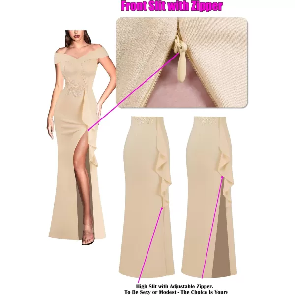 VFSHOW Womens Sexy Elegant Formal Prom Off Shoulder Ruffle High Slit Maxi Dress 2023 3D Flower Applique Cocktail Evening GownSparkly Apricot