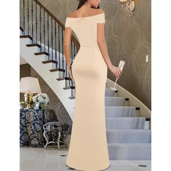 VFSHOW Womens Sexy Elegant Formal Prom Off Shoulder Ruffle High Slit Maxi Dress 2023 3D Flower Applique Cocktail Evening GownSparkly Apricot