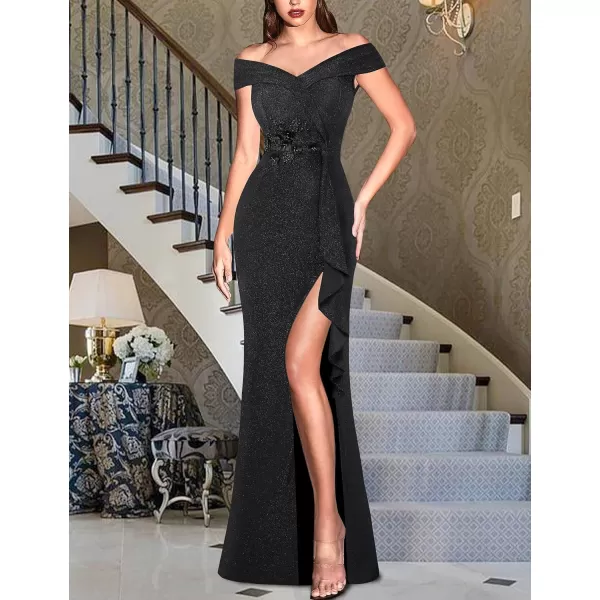 VFSHOW Womens Sexy Elegant Formal Prom Off Shoulder Ruffle High Slit Maxi Dress 2023 3D Flower Applique Cocktail Evening GownSparkly Black