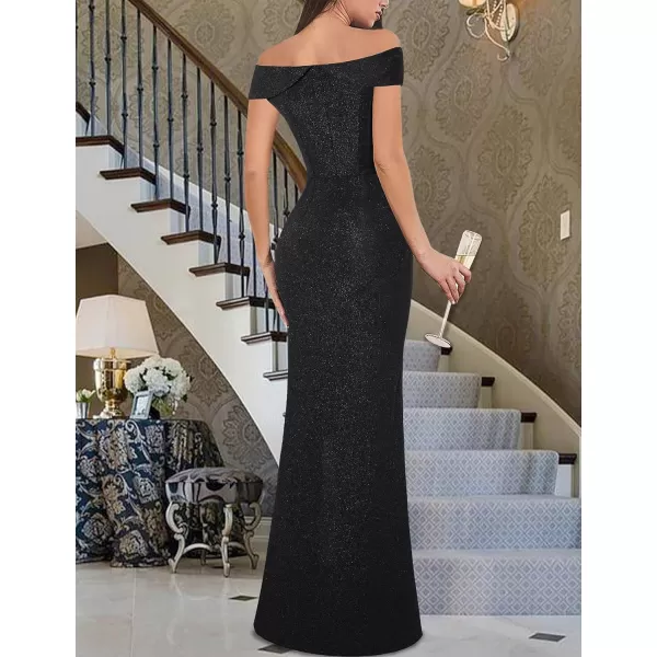 VFSHOW Womens Sexy Elegant Formal Prom Off Shoulder Ruffle High Slit Maxi Dress 2023 3D Flower Applique Cocktail Evening GownSparkly Black