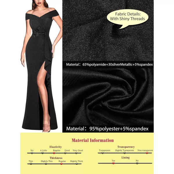 VFSHOW Womens Sexy Elegant Formal Prom Off Shoulder Ruffle High Slit Maxi Dress 2023 3D Flower Applique Cocktail Evening GownSparkly Black