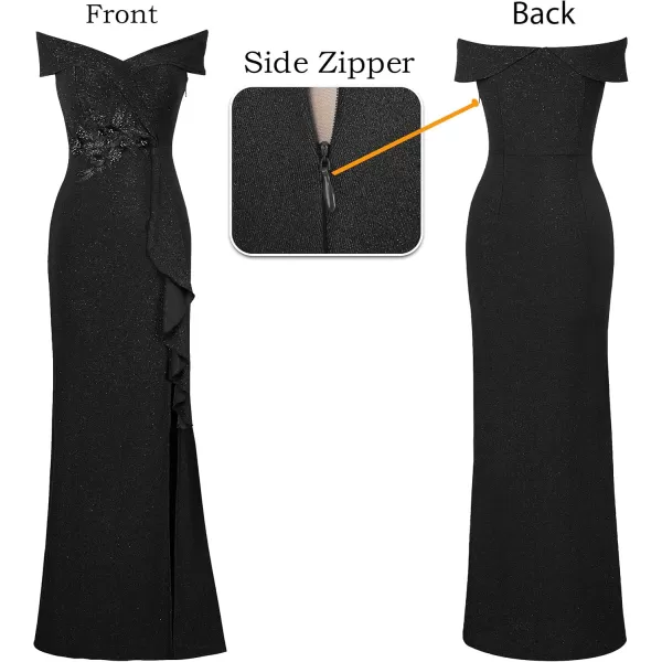 VFSHOW Womens Sexy Elegant Formal Prom Off Shoulder Ruffle High Slit Maxi Dress 2023 3D Flower Applique Cocktail Evening GownSparkly Black