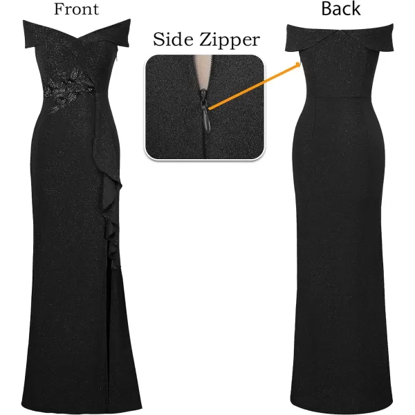 VFSHOW Womens Sexy Elegant Formal Prom Off Shoulder Ruffle High Slit Maxi Dress 2023 3D Flower Applique Cocktail Evening GownSparkly Black2