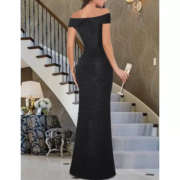 VFSHOW Womens Sexy Elegant Formal Prom Off Shoulder Ruffle High Slit Maxi Dress 2023 3D Flower Applique Cocktail Evening GownSparkly Black2