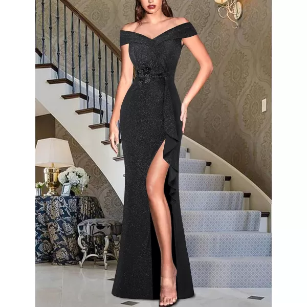 VFSHOW Womens Sexy Elegant Formal Prom Off Shoulder Ruffle High Slit Maxi Dress 2023 3D Flower Applique Cocktail Evening GownSparkly Black2