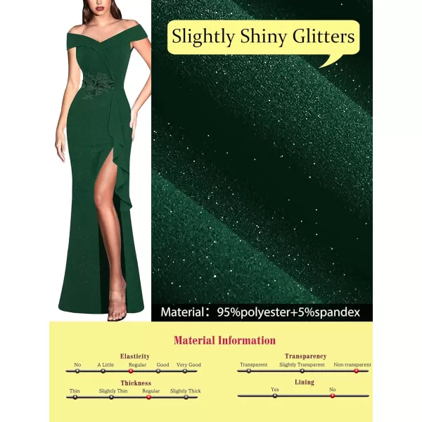 VFSHOW Womens Sexy Elegant Formal Prom Off Shoulder Ruffle High Slit Maxi Dress 2023 3D Flower Applique Cocktail Evening GownSparkly Dark Green