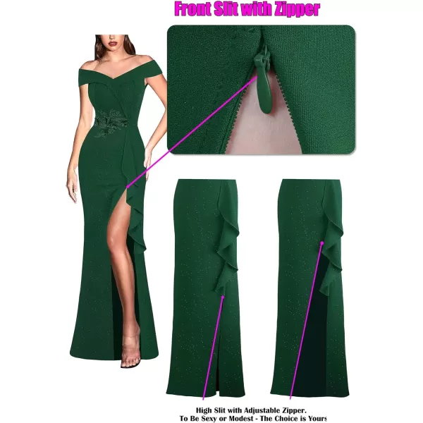 VFSHOW Womens Sexy Elegant Formal Prom Off Shoulder Ruffle High Slit Maxi Dress 2023 3D Flower Applique Cocktail Evening GownSparkly Dark Green