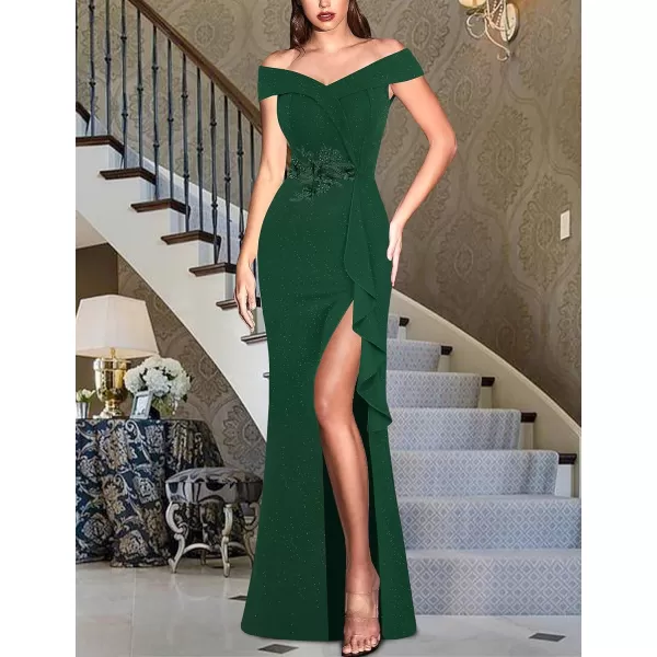 VFSHOW Womens Sexy Elegant Formal Prom Off Shoulder Ruffle High Slit Maxi Dress 2023 3D Flower Applique Cocktail Evening GownSparkly Dark Green