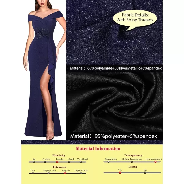 VFSHOW Womens Sexy Elegant Formal Prom Off Shoulder Ruffle High Slit Maxi Dress 2023 3D Flower Applique Cocktail Evening GownSparkly Navy Blue2