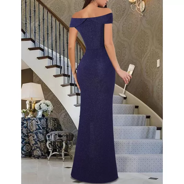 VFSHOW Womens Sexy Elegant Formal Prom Off Shoulder Ruffle High Slit Maxi Dress 2023 3D Flower Applique Cocktail Evening GownSparkly Navy Blue2