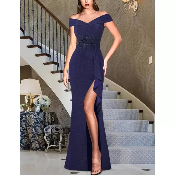 VFSHOW Womens Sexy Elegant Formal Prom Off Shoulder Ruffle High Slit Maxi Dress 2023 3D Flower Applique Cocktail Evening GownSparkly Navy Blue2