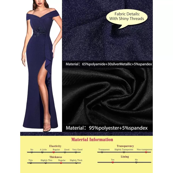 VFSHOW Womens Sexy Elegant Formal Prom Off Shoulder Ruffle High Slit Maxi Dress 2023 3D Flower Applique Cocktail Evening GownSparkly Navy Blueb