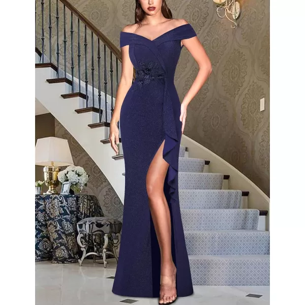 VFSHOW Womens Sexy Elegant Formal Prom Off Shoulder Ruffle High Slit Maxi Dress 2023 3D Flower Applique Cocktail Evening GownSparkly Navy Blueb