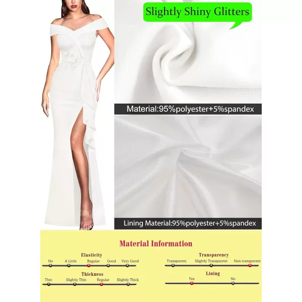 VFSHOW Womens Sexy Elegant Formal Prom Off Shoulder Ruffle High Slit Maxi Dress 2023 3D Flower Applique Cocktail Evening GownSparkly Offwhite