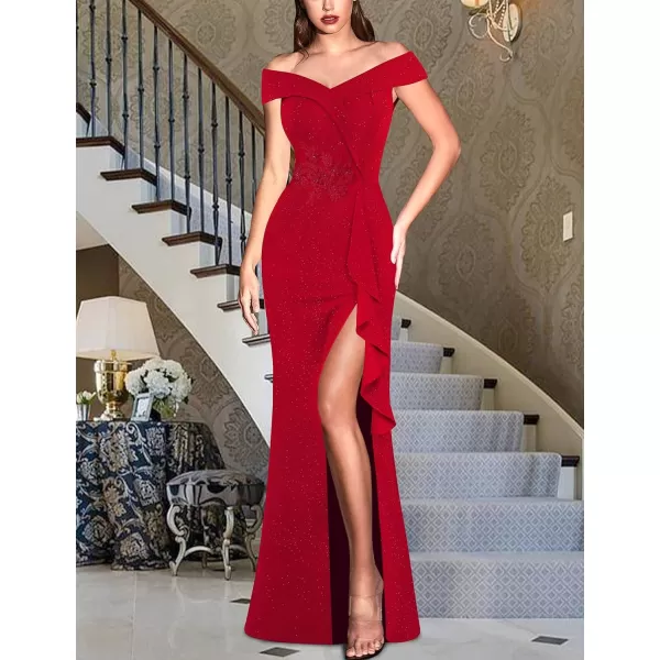 VFSHOW Womens Sexy Elegant Formal Prom Off Shoulder Ruffle High Slit Maxi Dress 2023 3D Flower Applique Cocktail Evening GownSparkly Red