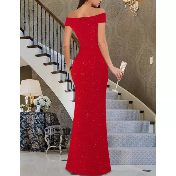 VFSHOW Womens Sexy Elegant Formal Prom Off Shoulder Ruffle High Slit Maxi Dress 2023 3D Flower Applique Cocktail Evening GownSparkly Red