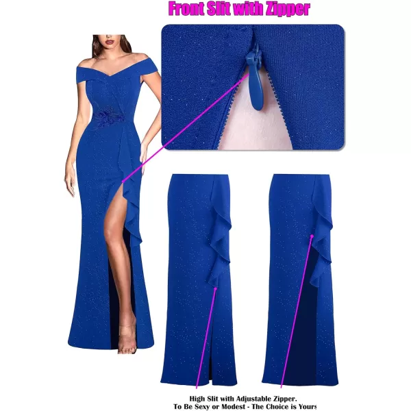 VFSHOW Womens Sexy Elegant Formal Prom Off Shoulder Ruffle High Slit Maxi Dress 2023 3D Flower Applique Cocktail Evening GownSparkly Royal Blue